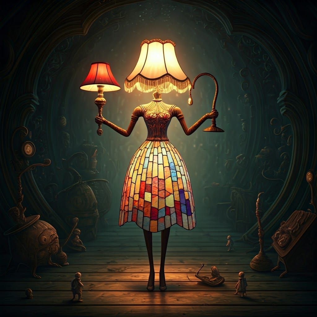 Anthropomorphic Lamp with Stained-Glass Lampshade
