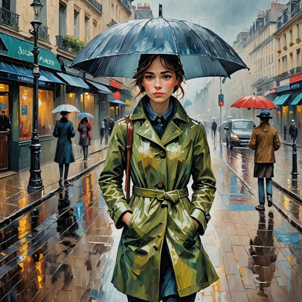 Rainy Paris Street Corner in Neo-Impressionism Style