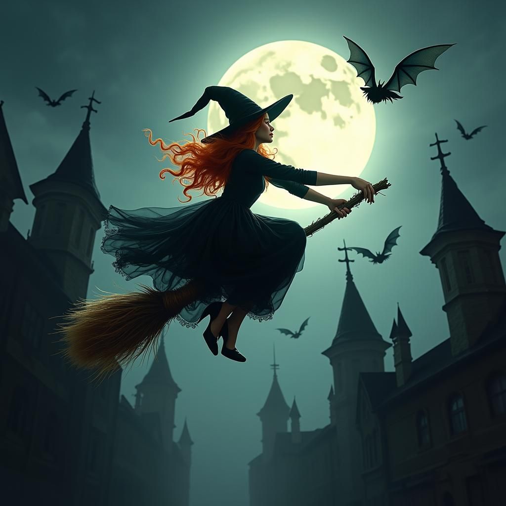 Charming Ginger Witch Rides Broom in Oil Painting