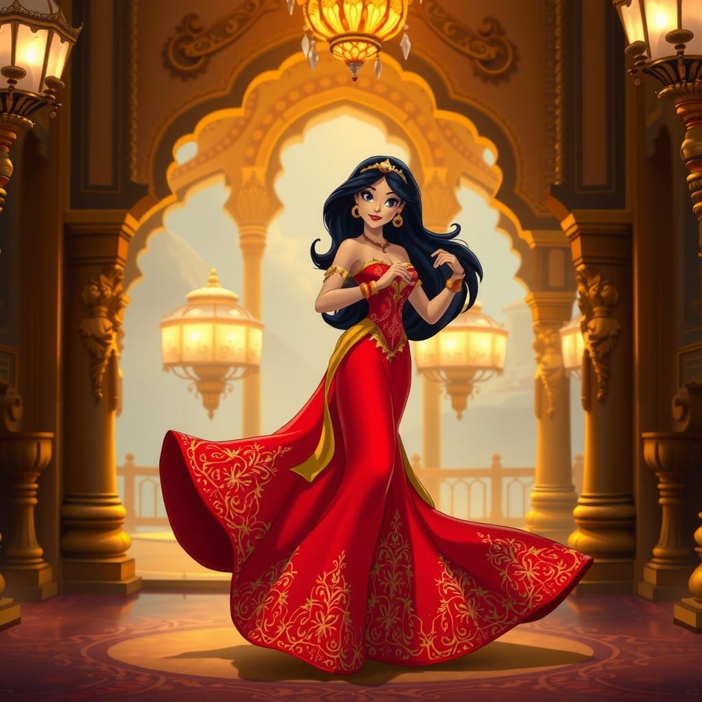 Princess Jasmine wearing her red dress for Jafar.