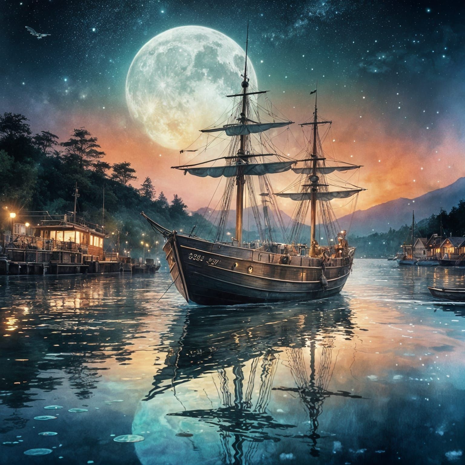 Moonlit Boat: Digital Watercolor Summerscape