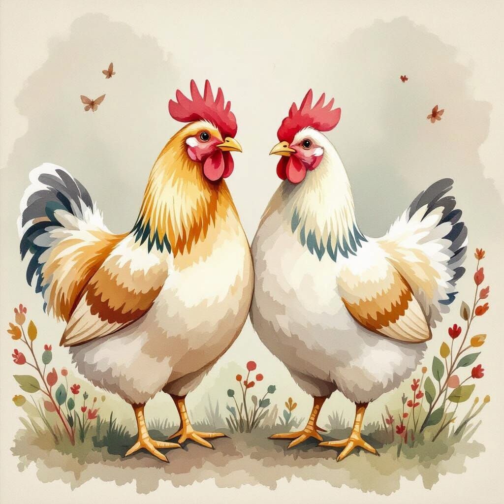 Whimsical Watercolor Chickens with Unique Plumage