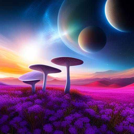 Vibrant Alien Landscape with Towering Mushrooms