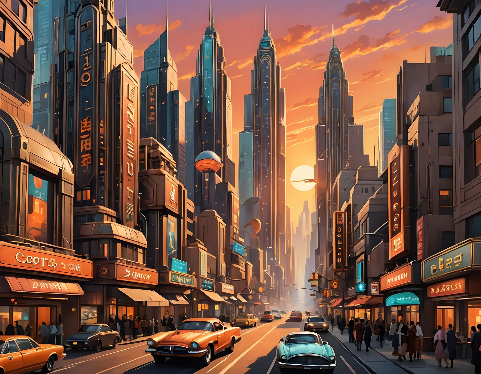 Retro-Futuristic Cityscape with Art Deco Skyscrapers