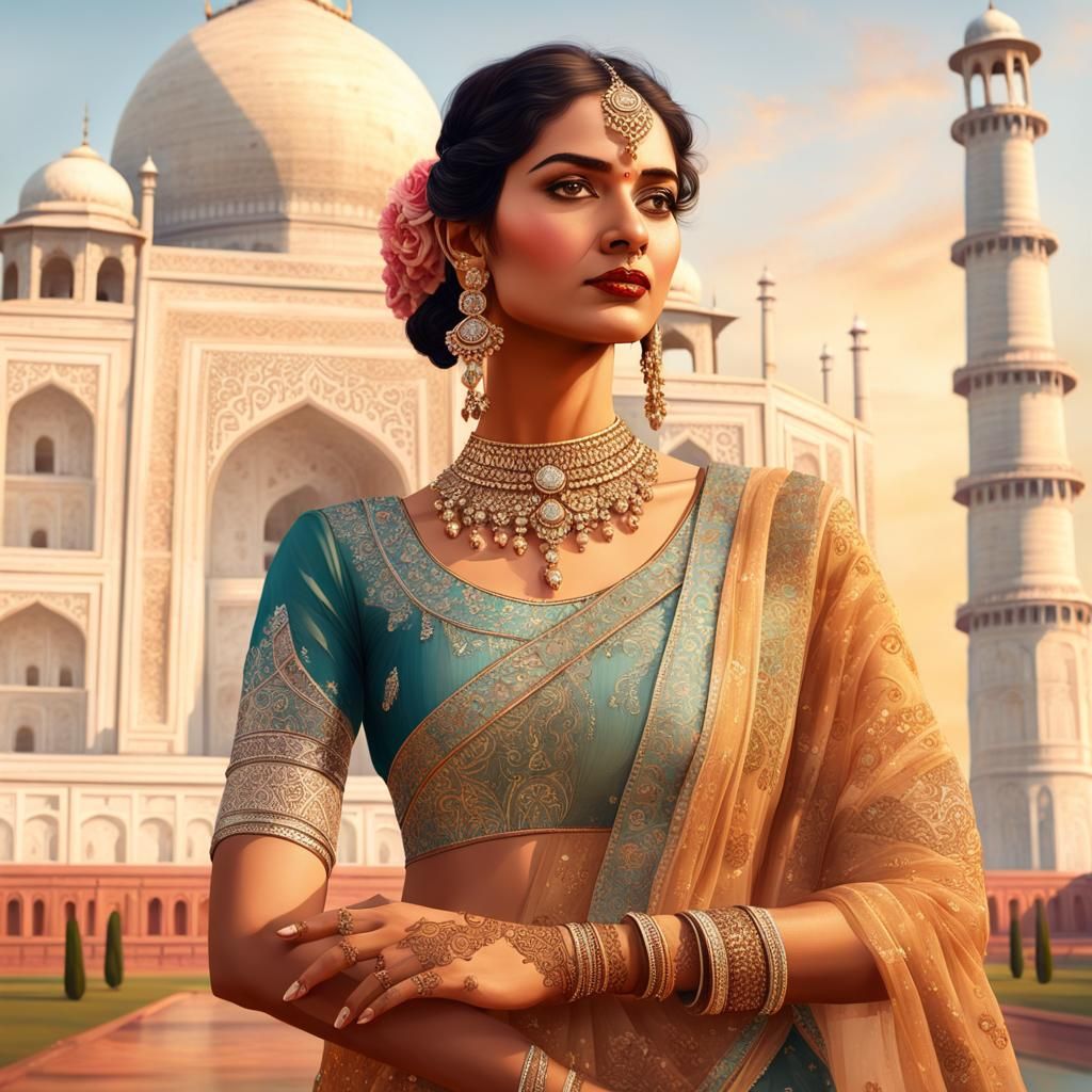 Indian Model with Taj Mahal in Raja Ravi Varma Style