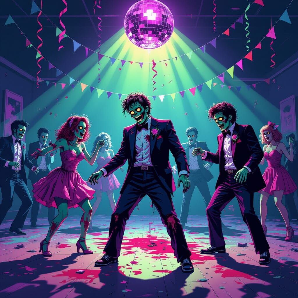 1980s Zombie Prom Party in Comic Book Art Style