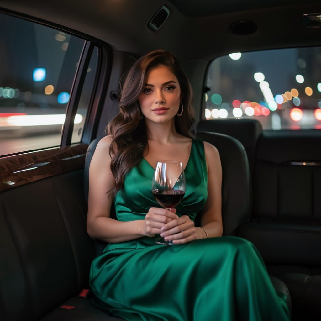 Woman in Emerald Dress in Luxury Limousine