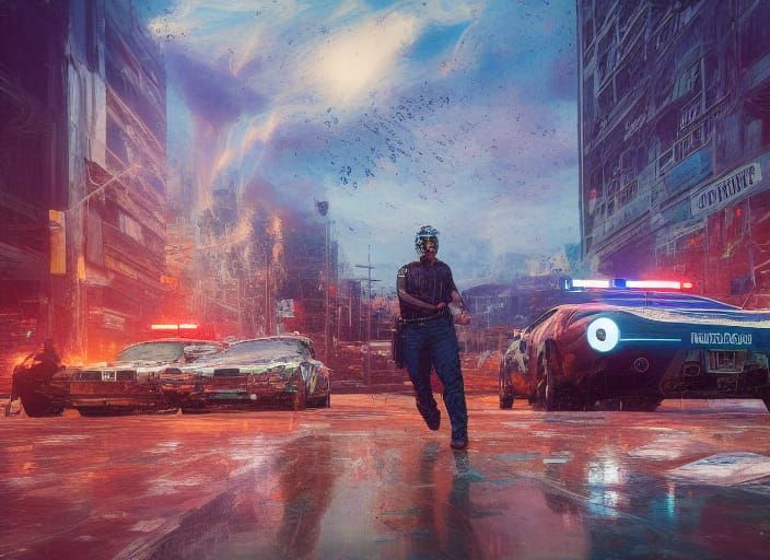 High-Speed Police Chase as Impasto Street Art