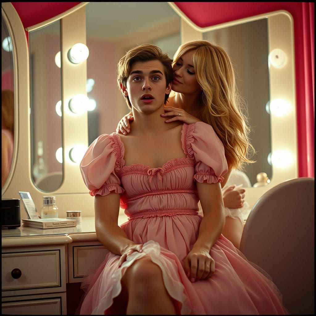 Surprised Man Crossdressing at Vanity, Woman Kissing Neck