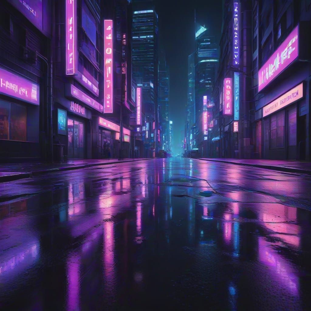 Neon Cyberpunk Cityscape at Night in Neon Noir Style
