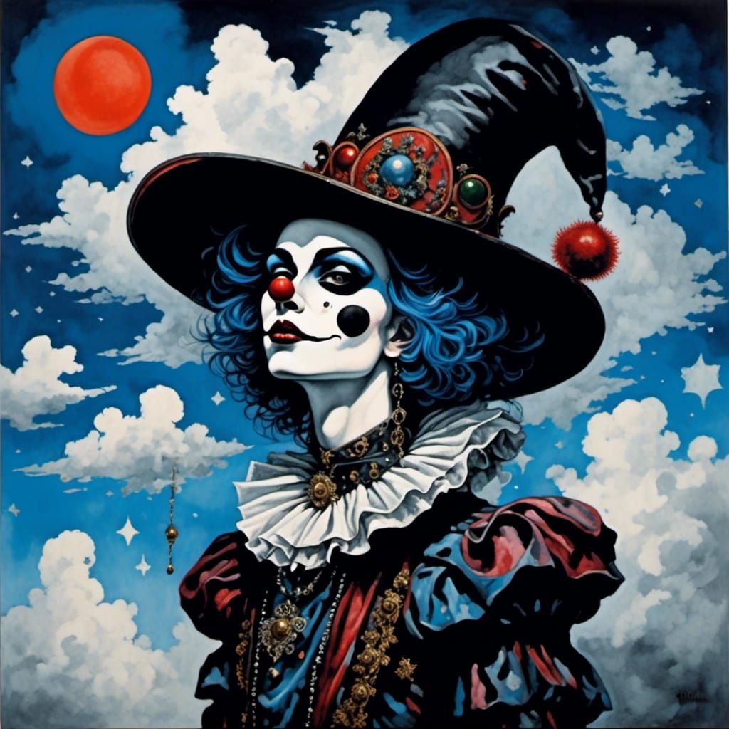 Gothic Moon Clown in Gouache Ink Print Style