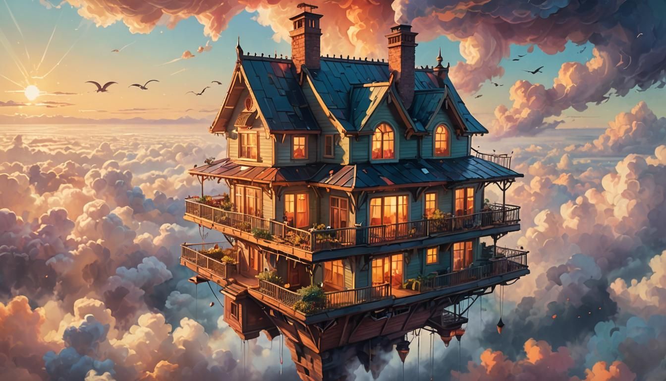Majestic Floating House in Sky: Triadic Oil Painting
