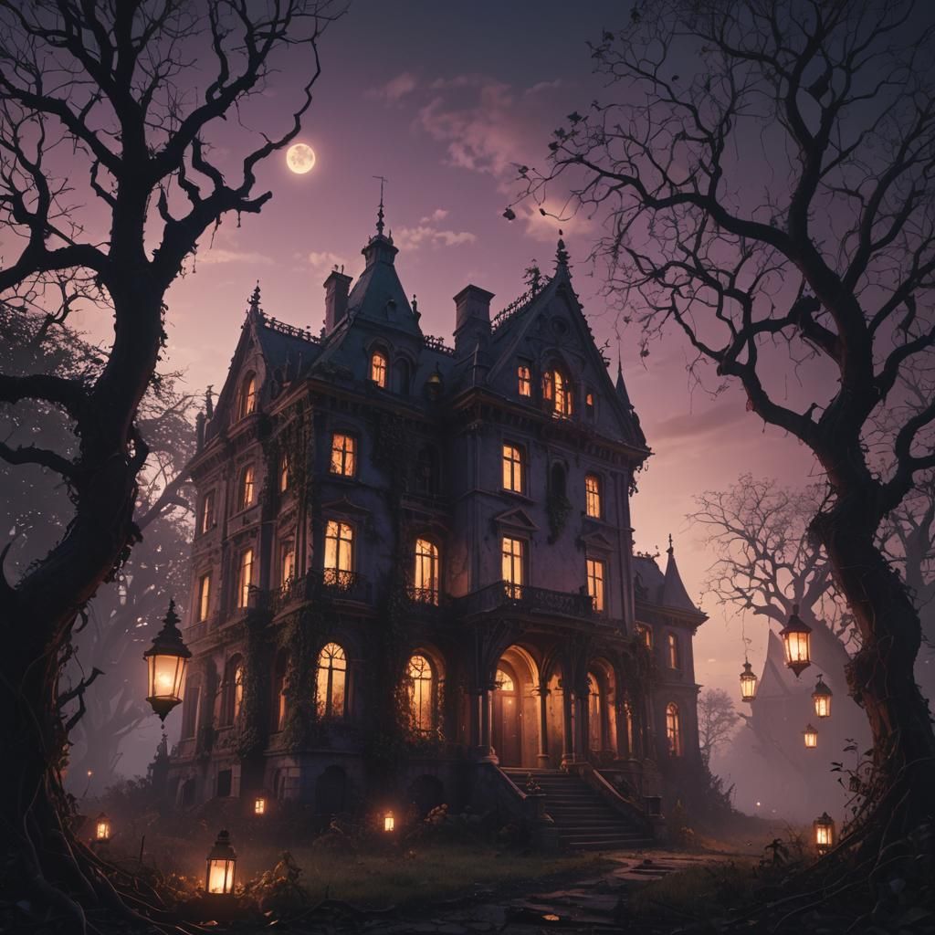 Eerie Gothic Mansion in Dark Fantasy Landscape