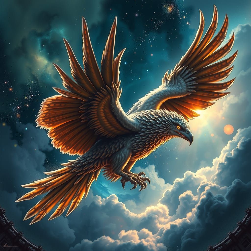 Griffin Soaring Through Nebula in Heroic Realism