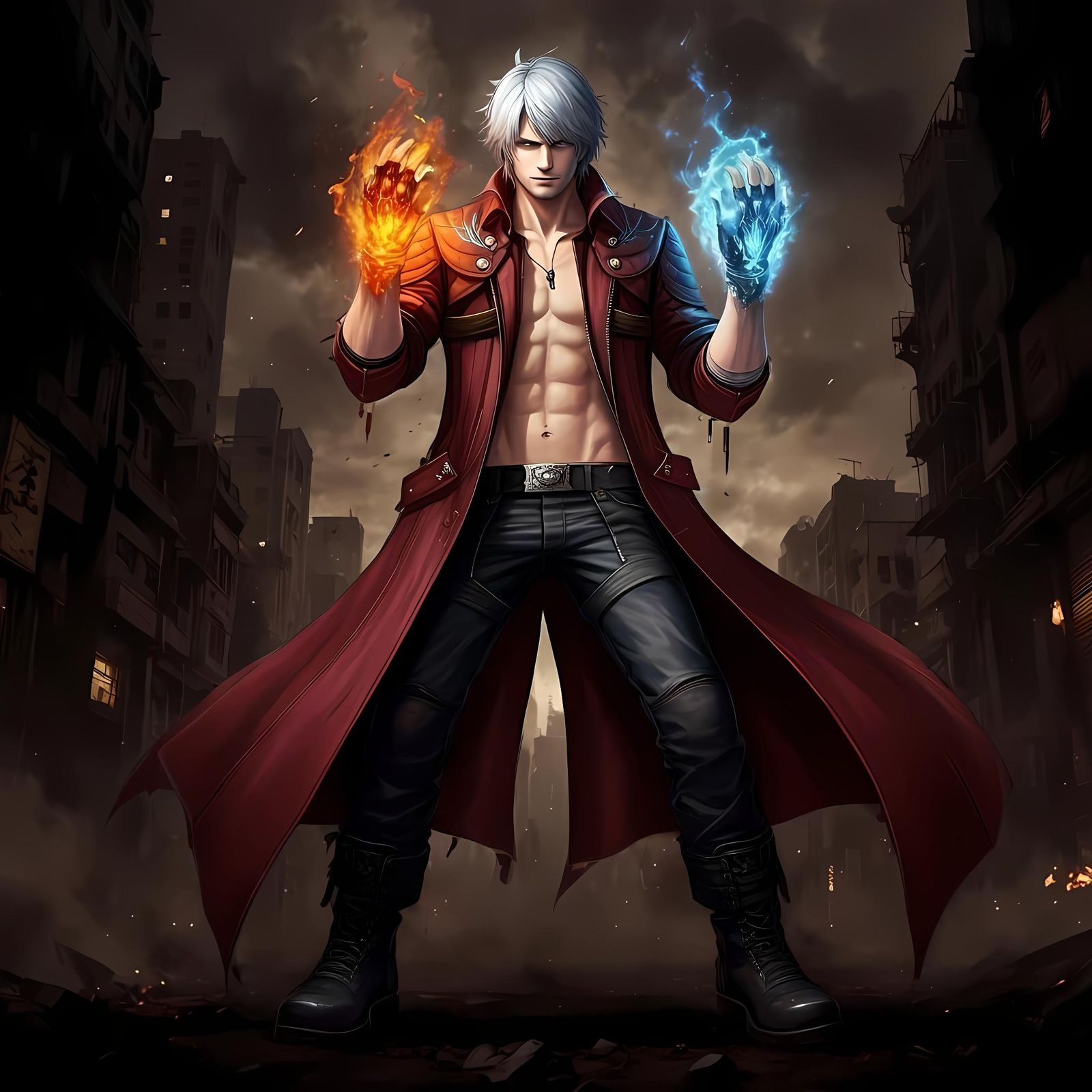 Dark Fantasy Anime Street Scene with Demonic Sky