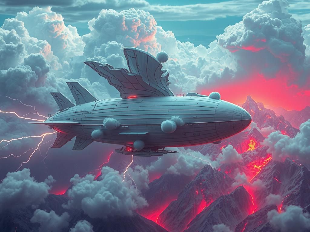 Cloud Airship Fires Lightning in Dreamlike Landscape