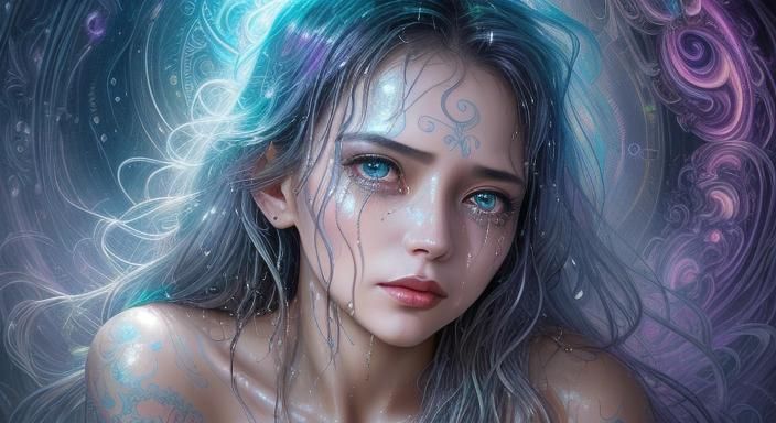 Crying Cybernetic Woman in Futuristic Starship Art