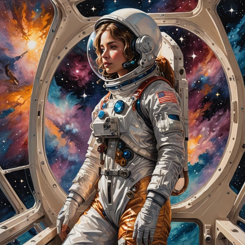 Astronaut Woman in Spaceship with Vibrant Gouache Paint