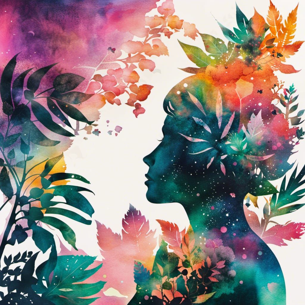 Watercolor Collage: Plants, Woman, and Space