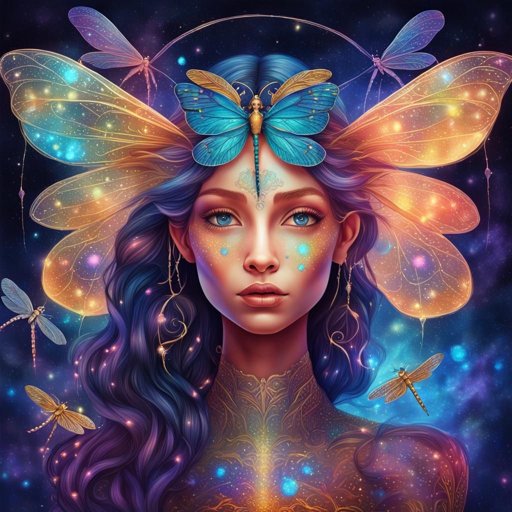Glowing Fairy with Dragonfly Wings in Cosmic Astral Scene