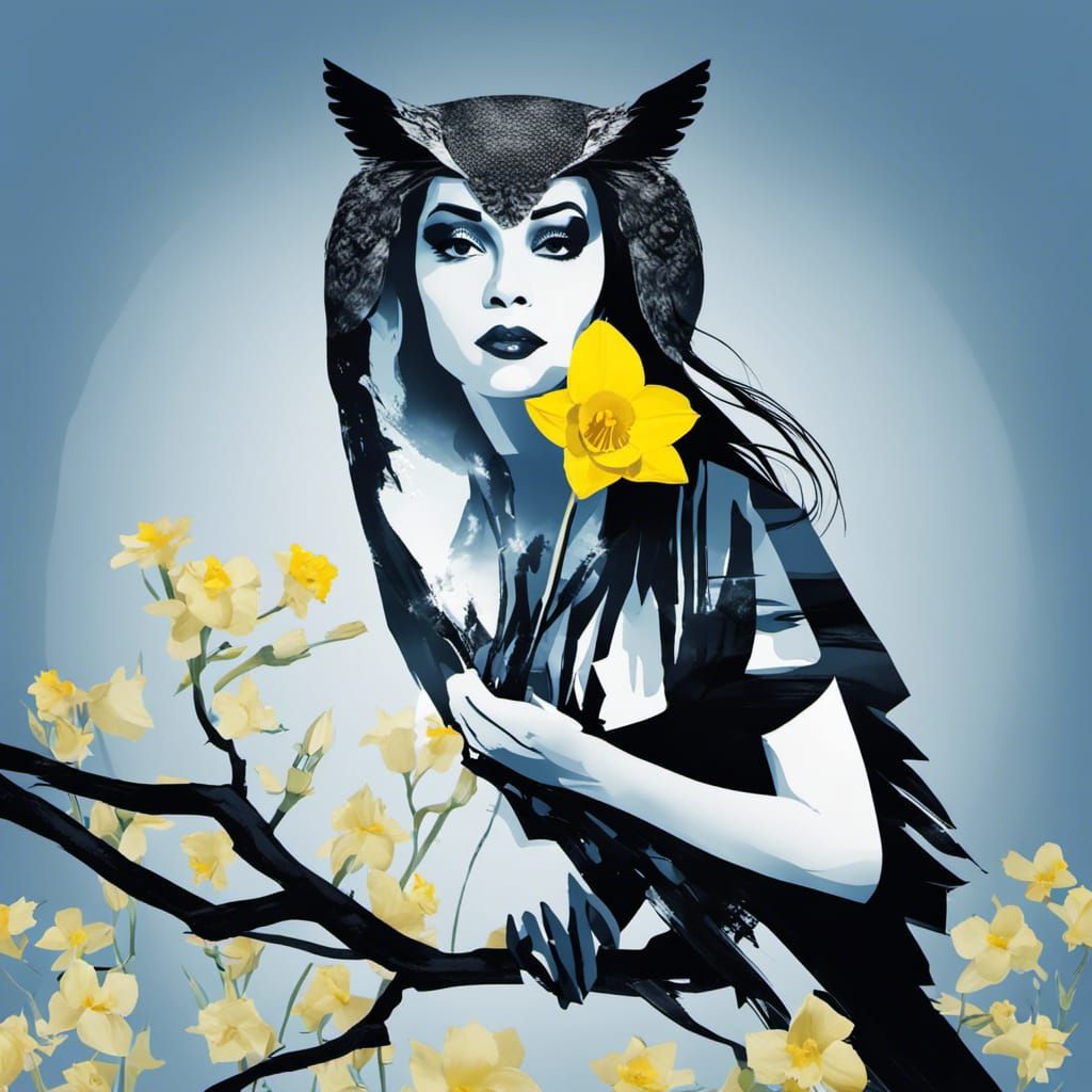 Gothic Owl Silhouette: Woman and Daffodil Collage