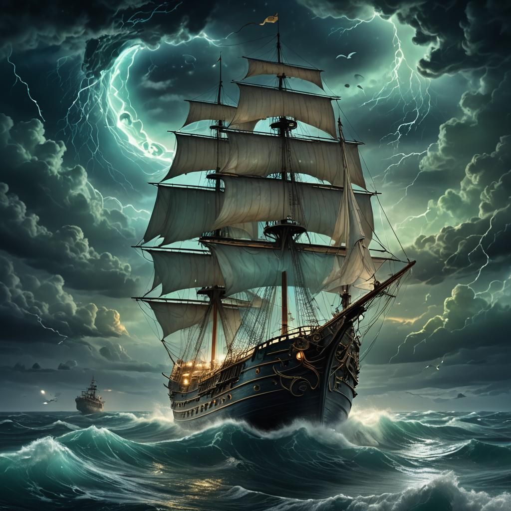 Ethereal Ghost Ship in Stormy Seas