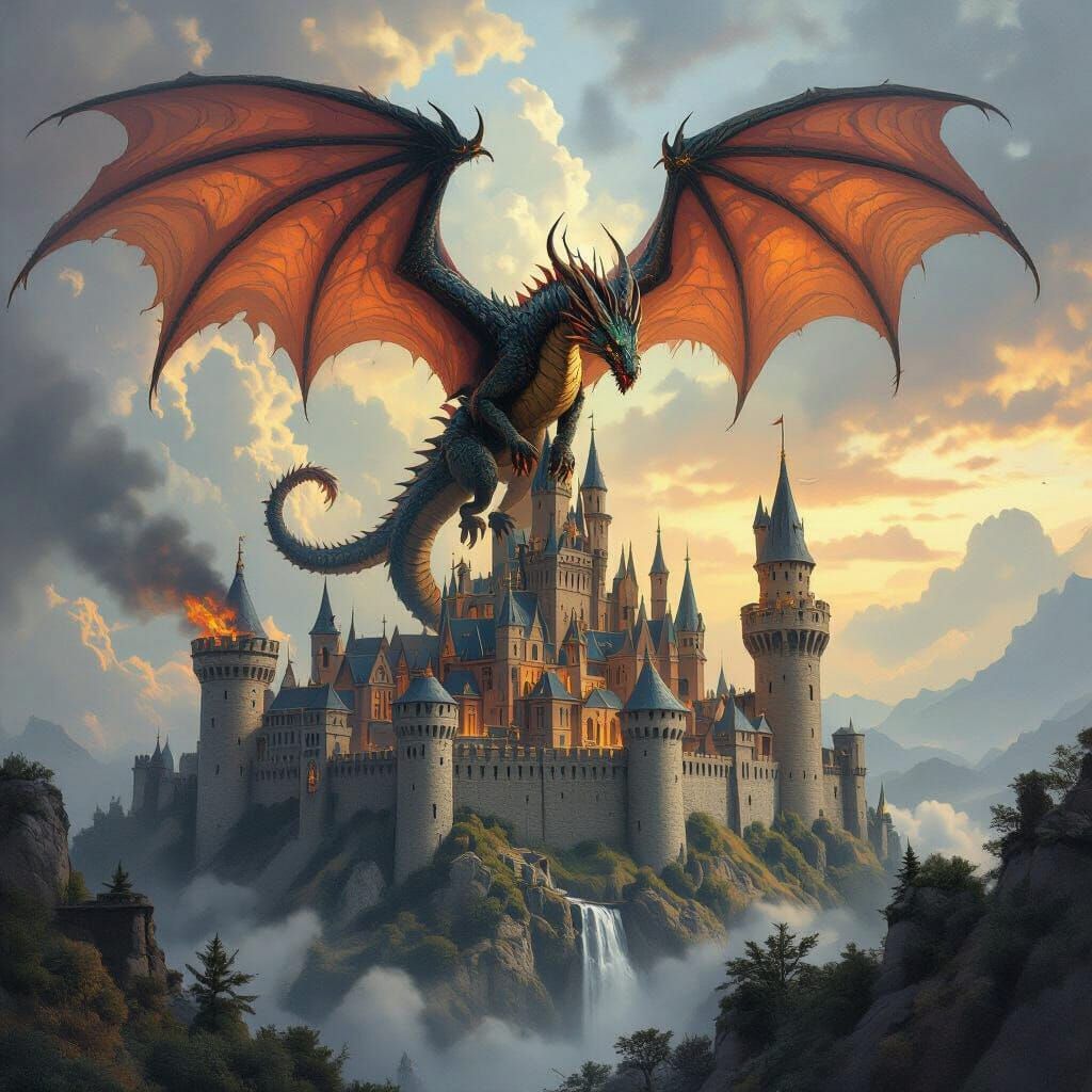 Majestic Dragon Over Castle in High Fantasy Style