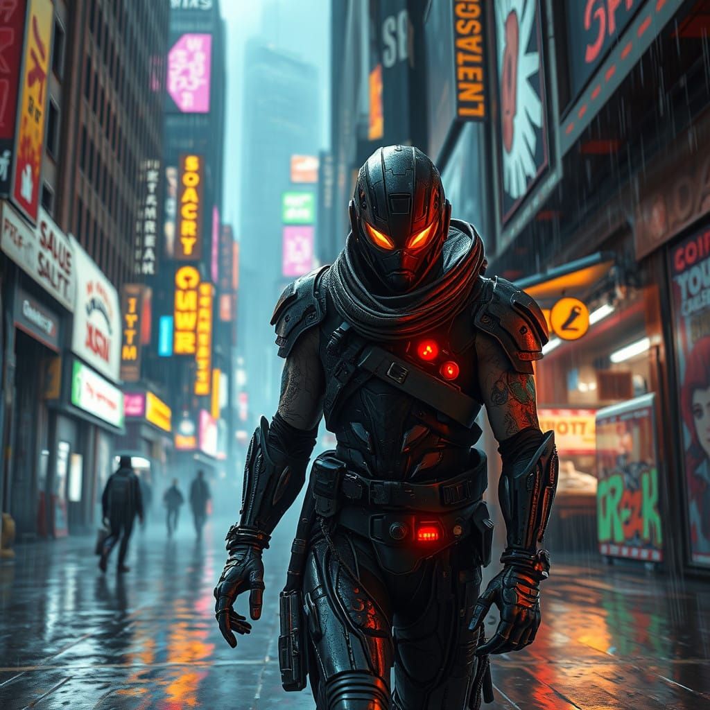 Cyberpunk Bounty Hunter Chase in Rain-Soaked Alley