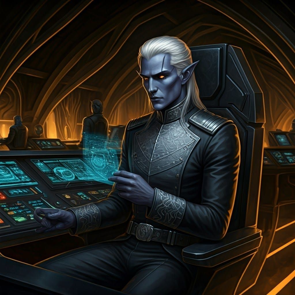 Drow Captain on Starship Bridge in Retro Sci-Fi Style