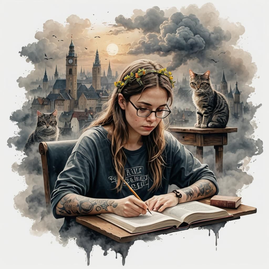 Young Woman Writes a Book About Cats