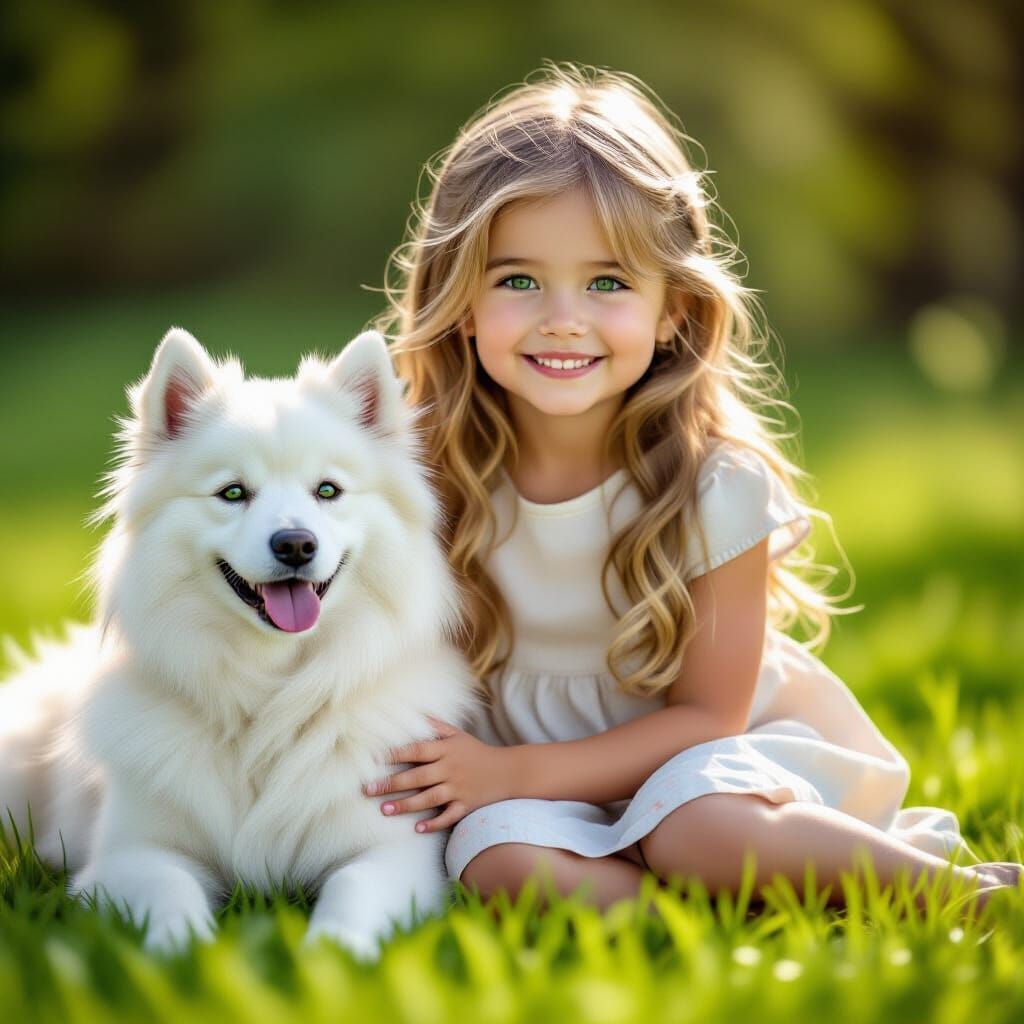 Little Girl with Golden Hair and Samoyed Dog in Sunlight