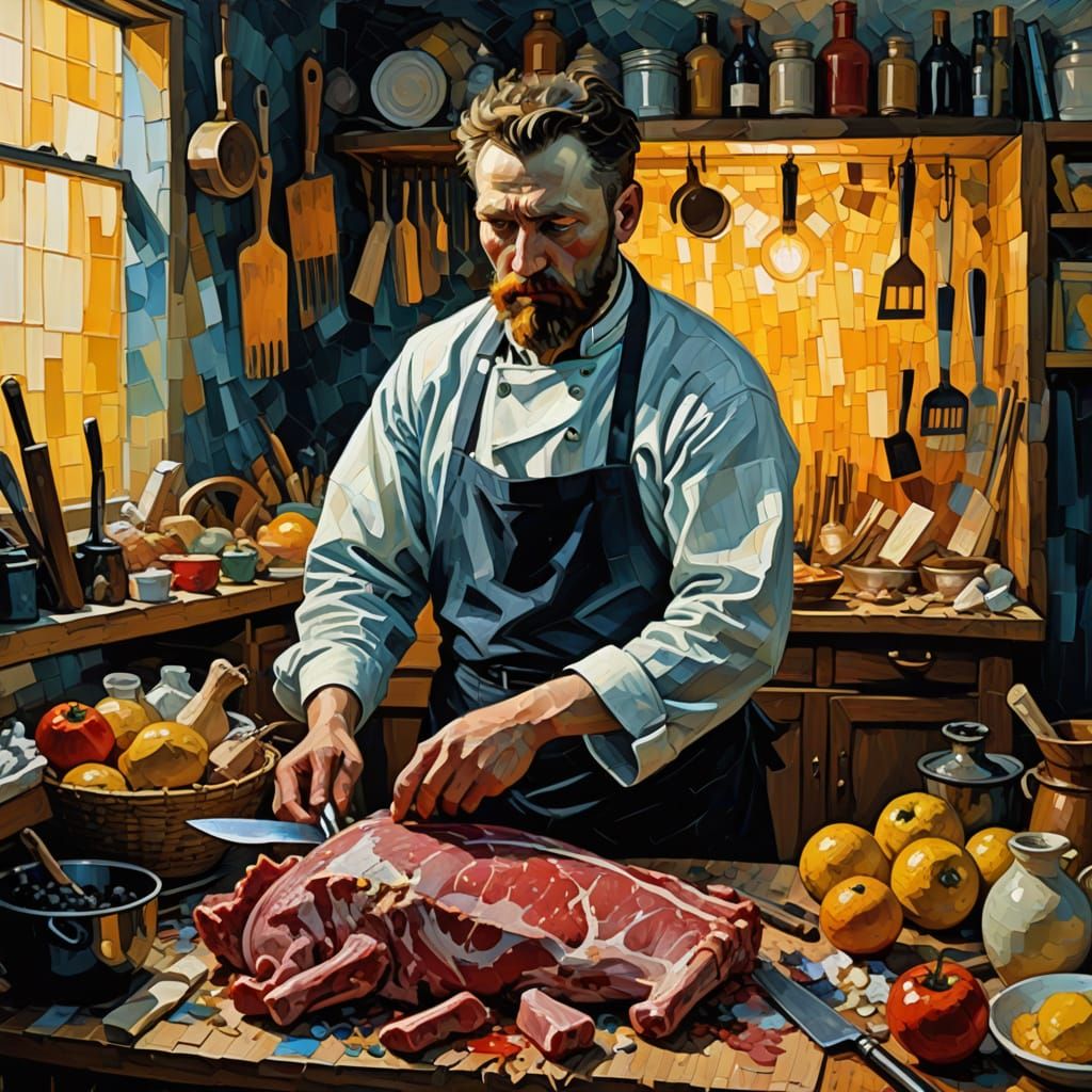 Expressive Neo-Impressionist Scene of a Butcher in a Clutter...