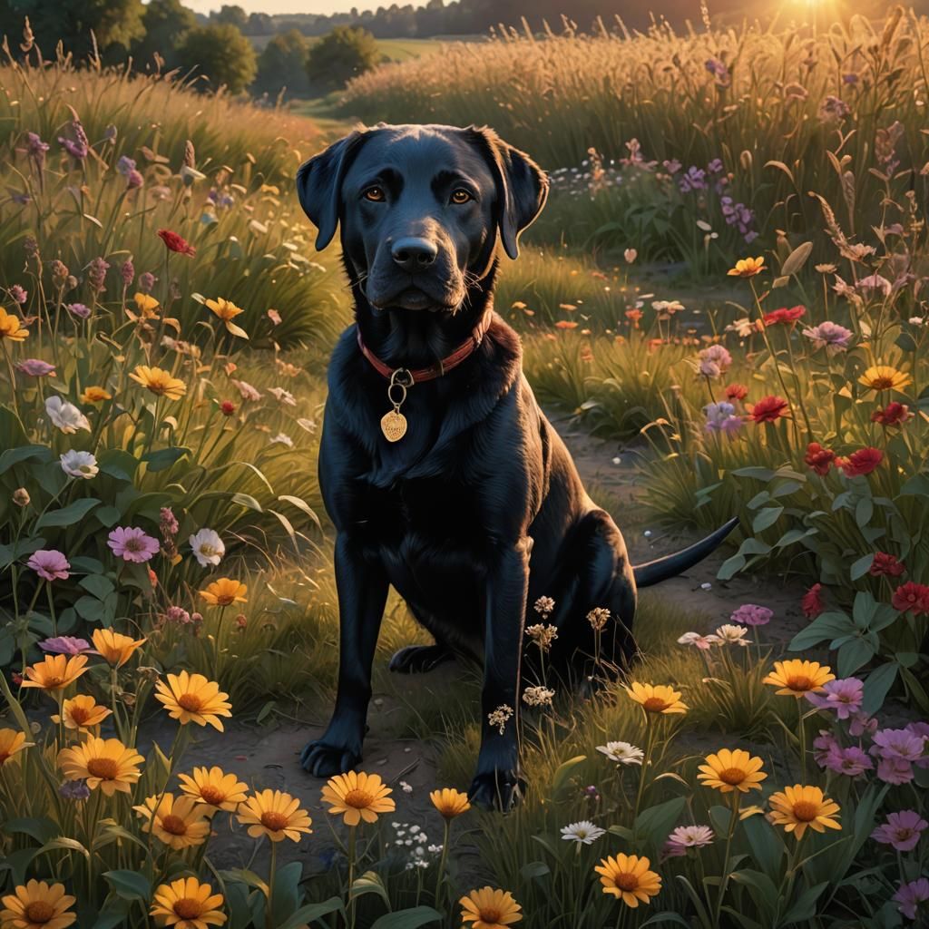 Black Labrador in Field at Sunset, Photorealistic