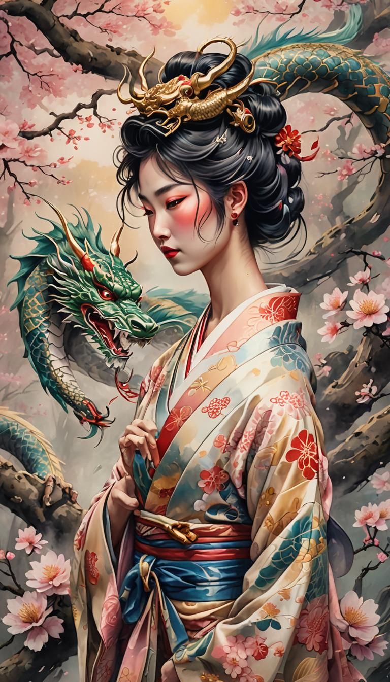 Geisha and Dragon Tattoo Art in Watercolor Style