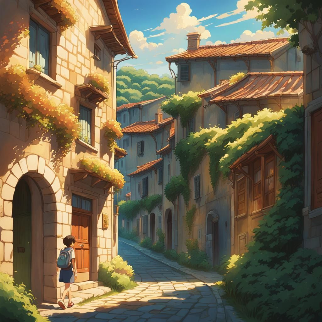 Italian Streets in Anime Style with Lush Greenery