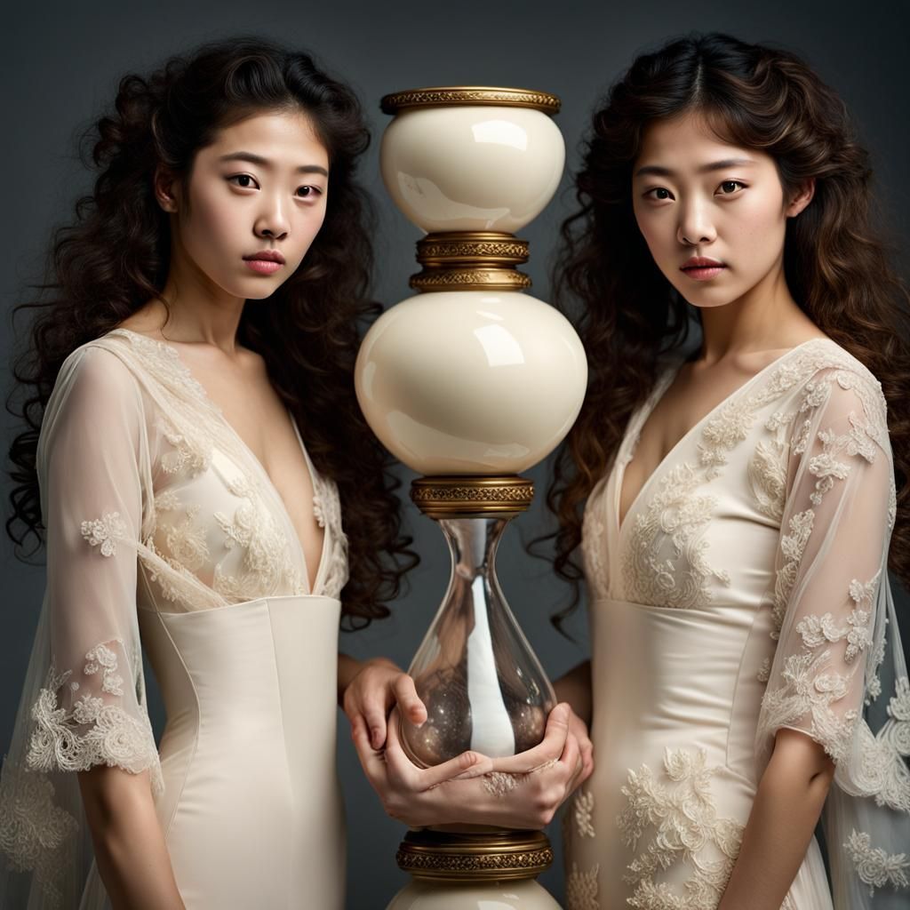 Japanese Sisters in Sheer Cream Dresses: Studio Portrait