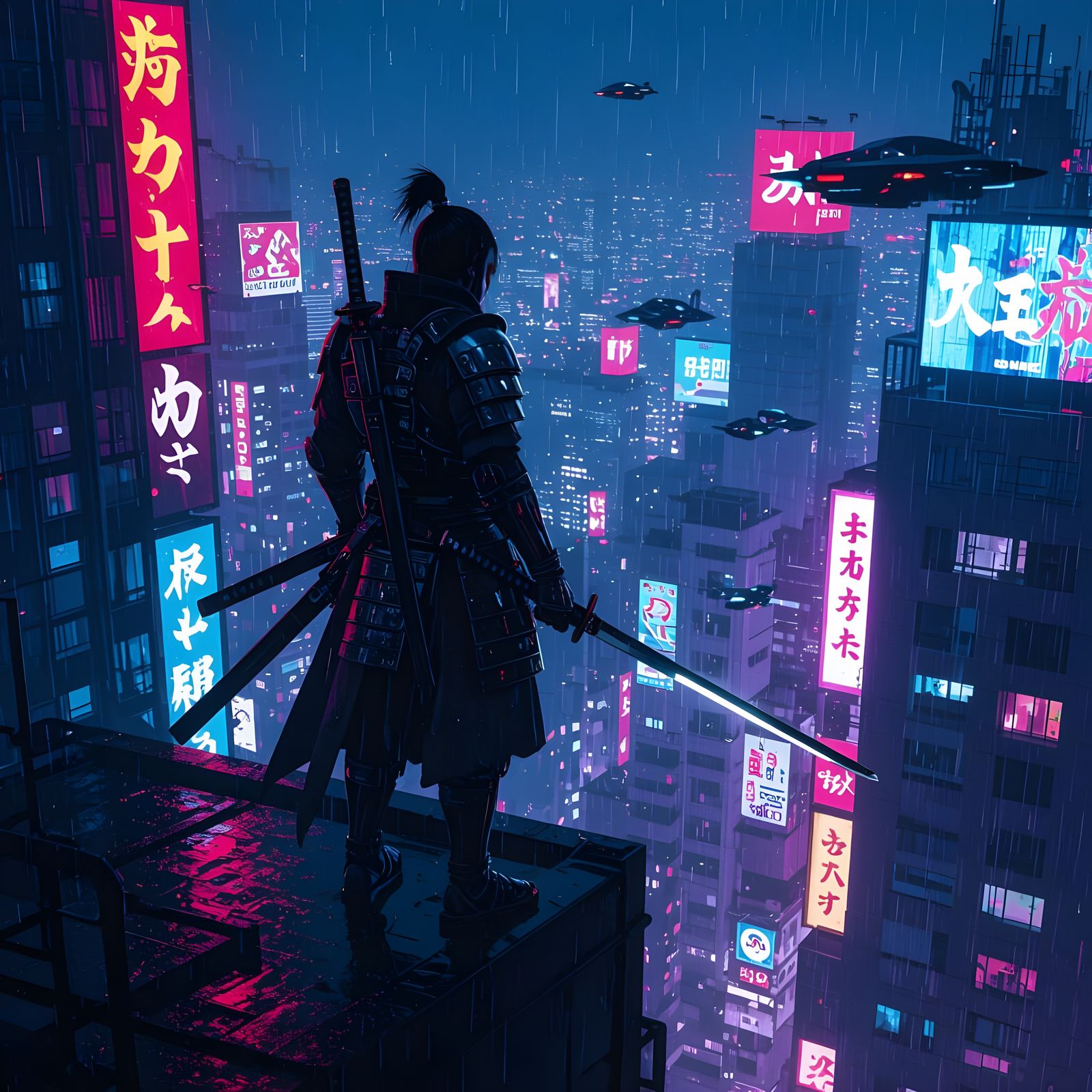 Cyberpunk Samurai on Skyscraper in Neon City