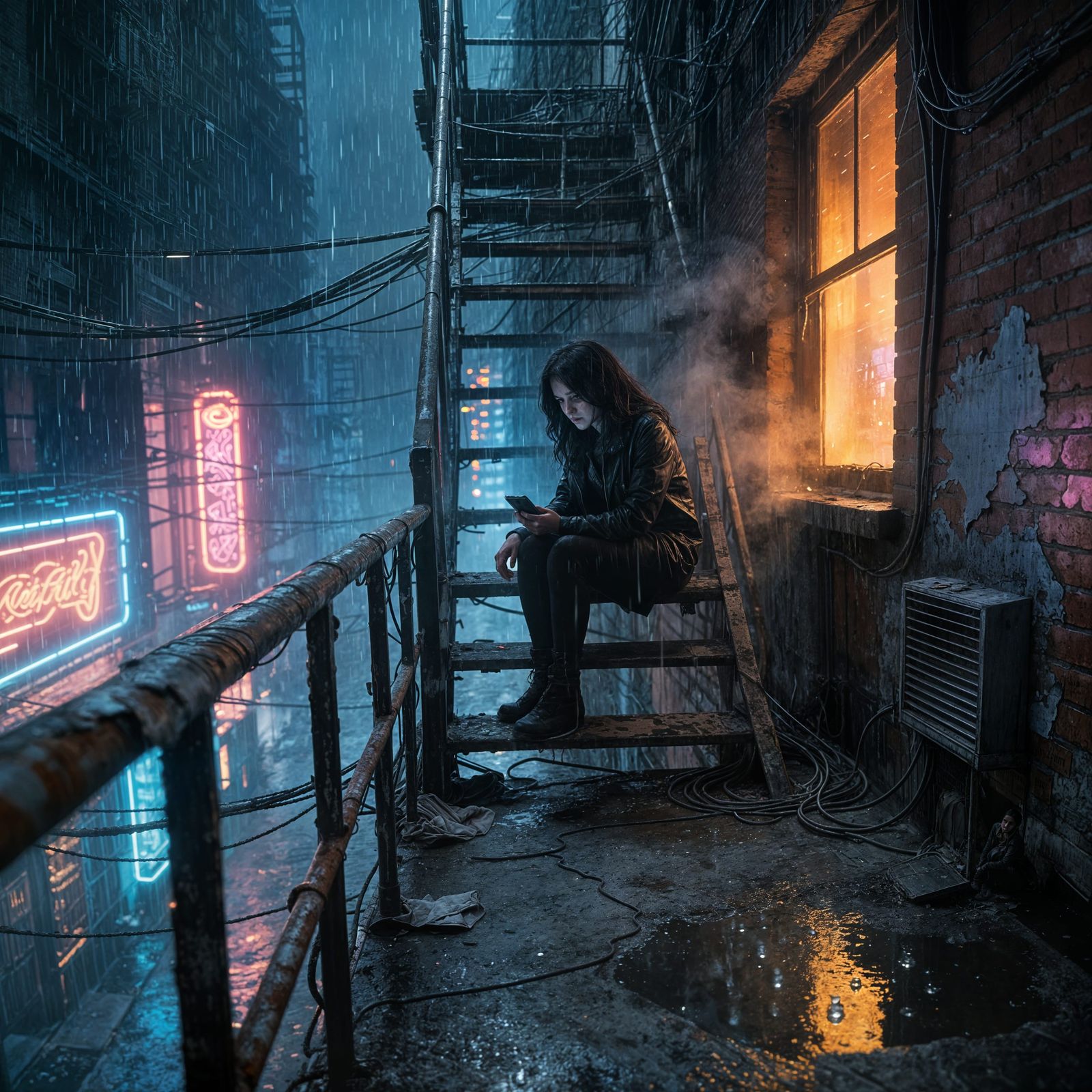 Mysterious Woman on Fire Escape in Neon City