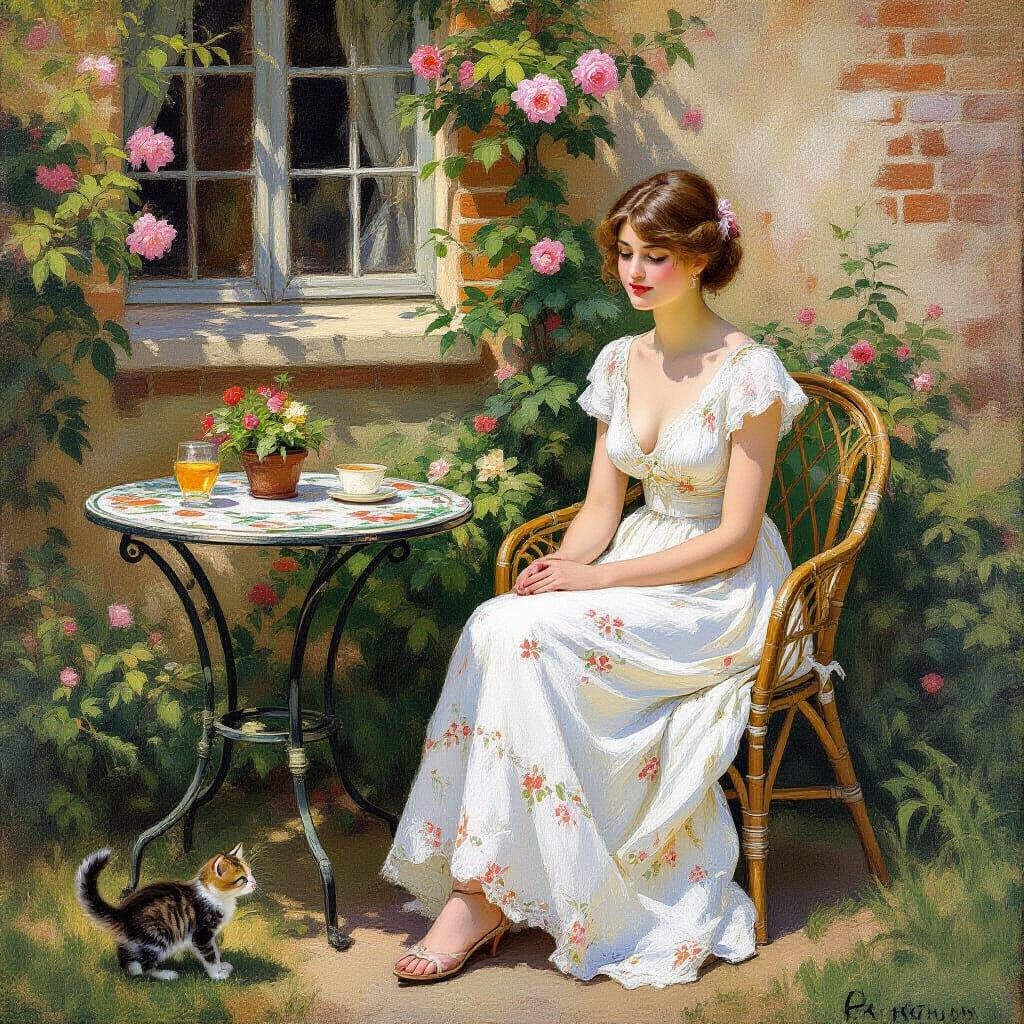 Impressionistic Garden Scene with Woman and Kitten