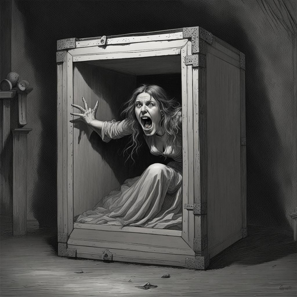 2D Woman Screaming in 3D Box, Horror Style