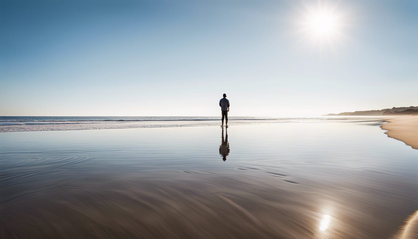 Person Contemplates Serene Beach at Water's Edge