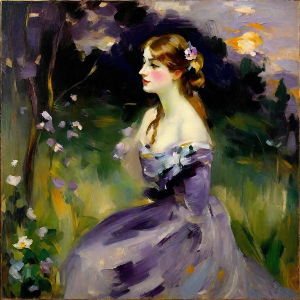 Impressionist Woman in Sunset Forest Painting