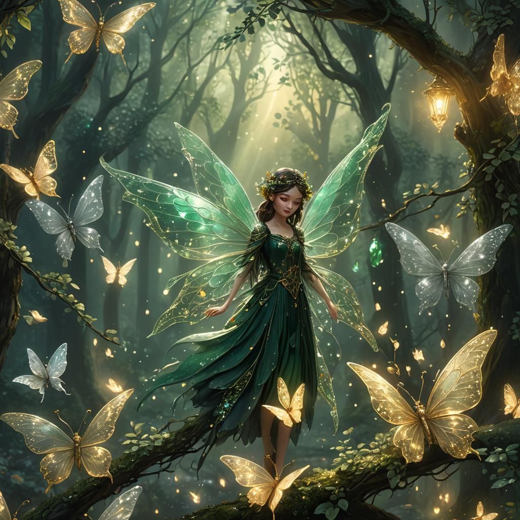 Emerald Fairy with Crystal Wings in Lush Forest