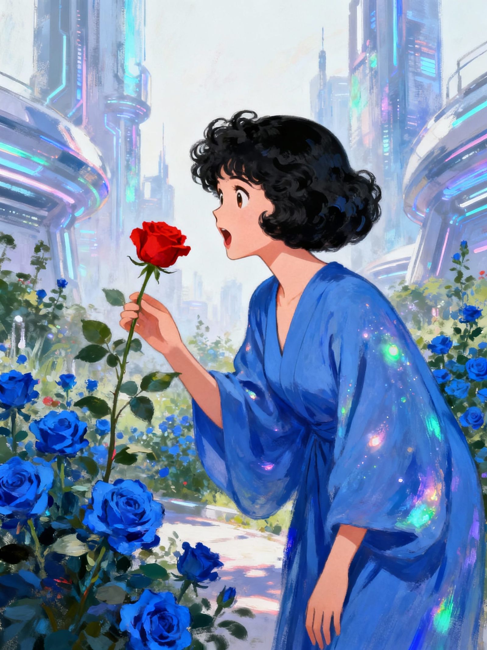 Sci-Fi Lady Gasps at Red Rose in Futuristic Garden