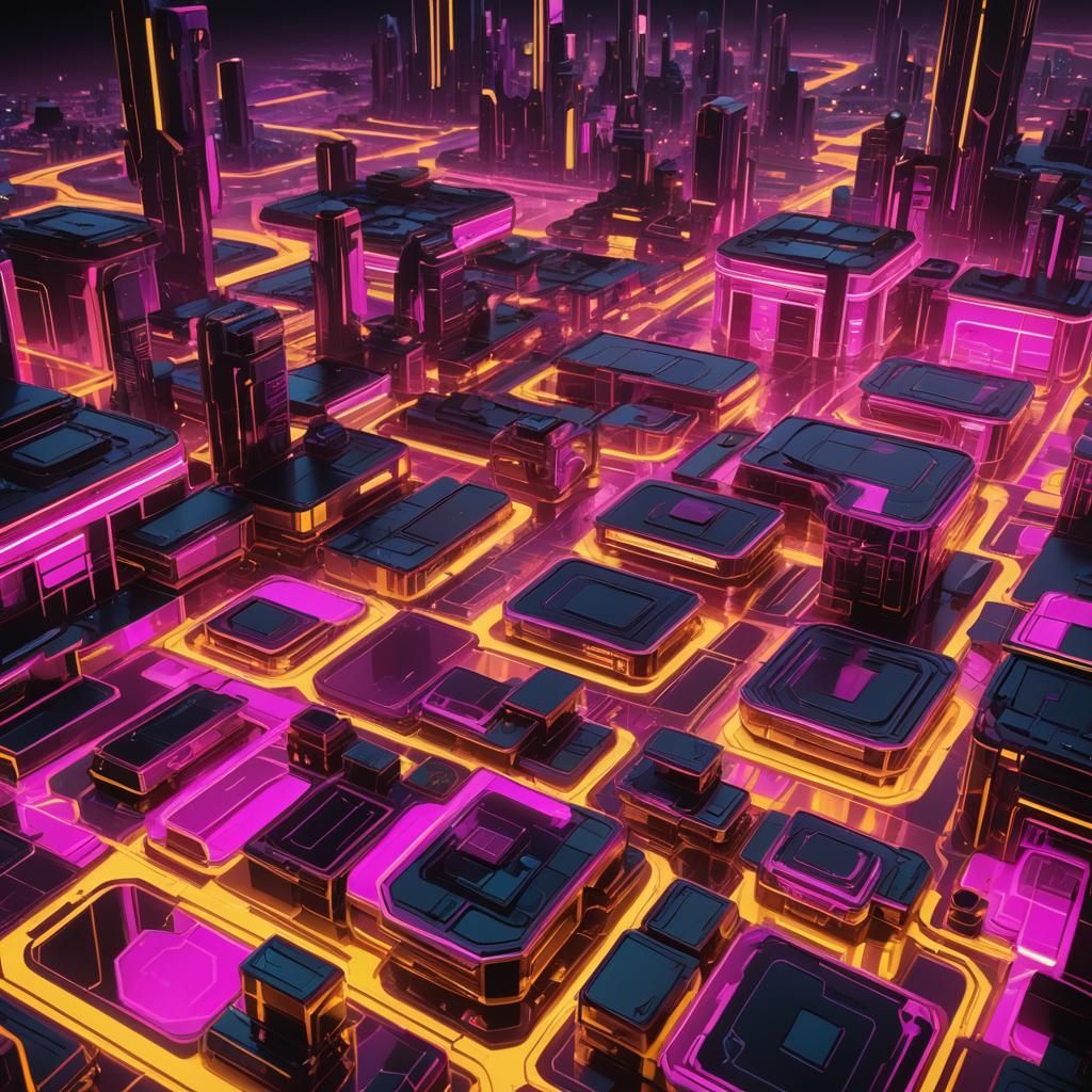 Magenta and Gold Futuristic Cityscape in Neon Glow