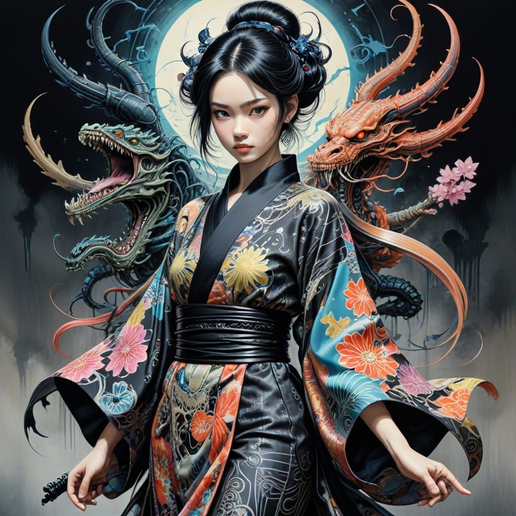 Samurai in Colorful Kimono, Surreal Manga Ink Style