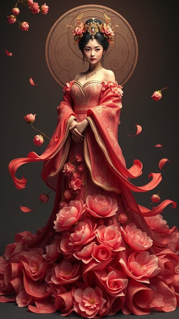 Goddess of November in Chrysanthemum Gown with Peony Blooms