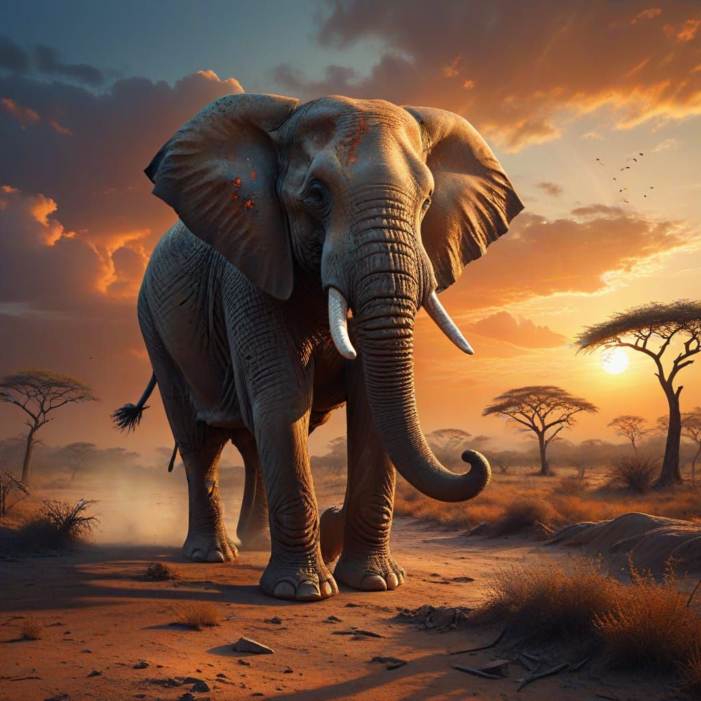 Ancient Elephant Silhouetted Against Vibrant Surreal Sunset