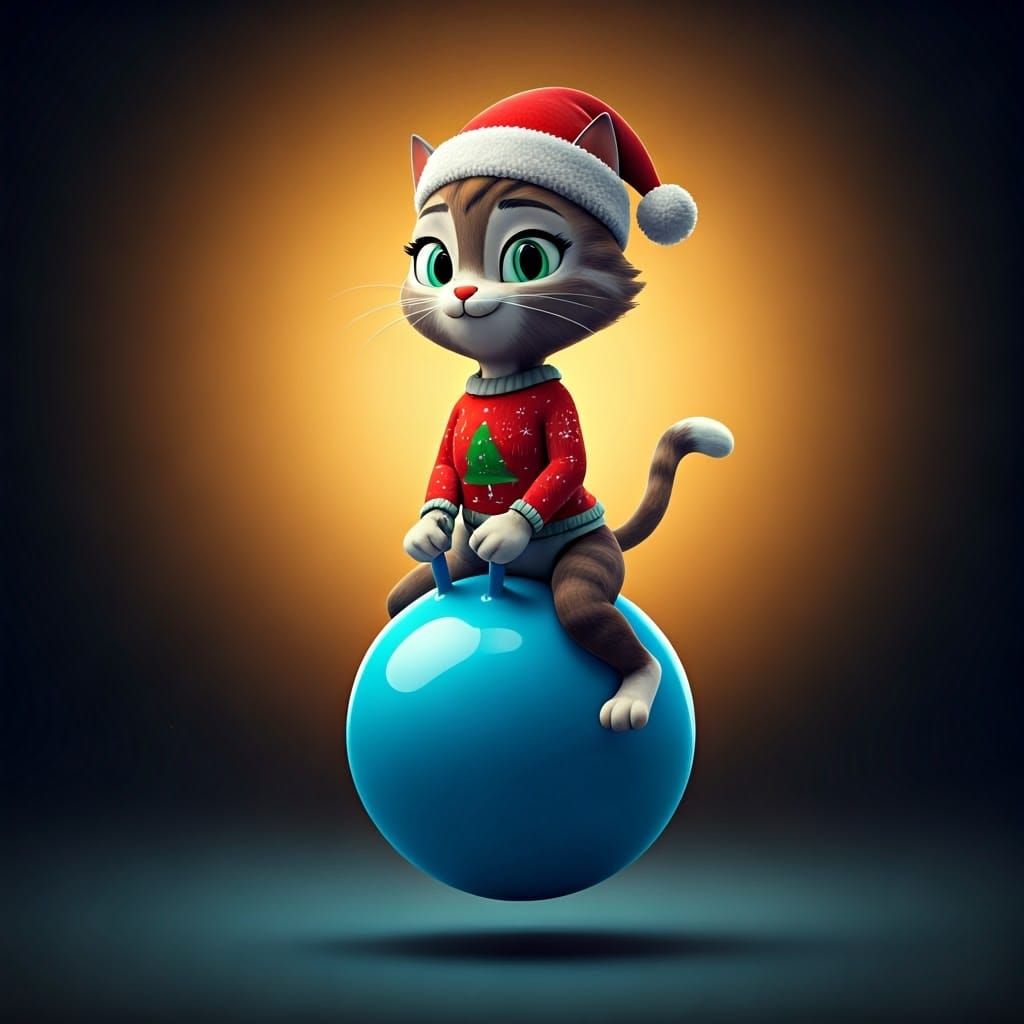 Magical Christmas Cartoon Cat on Space Hopper