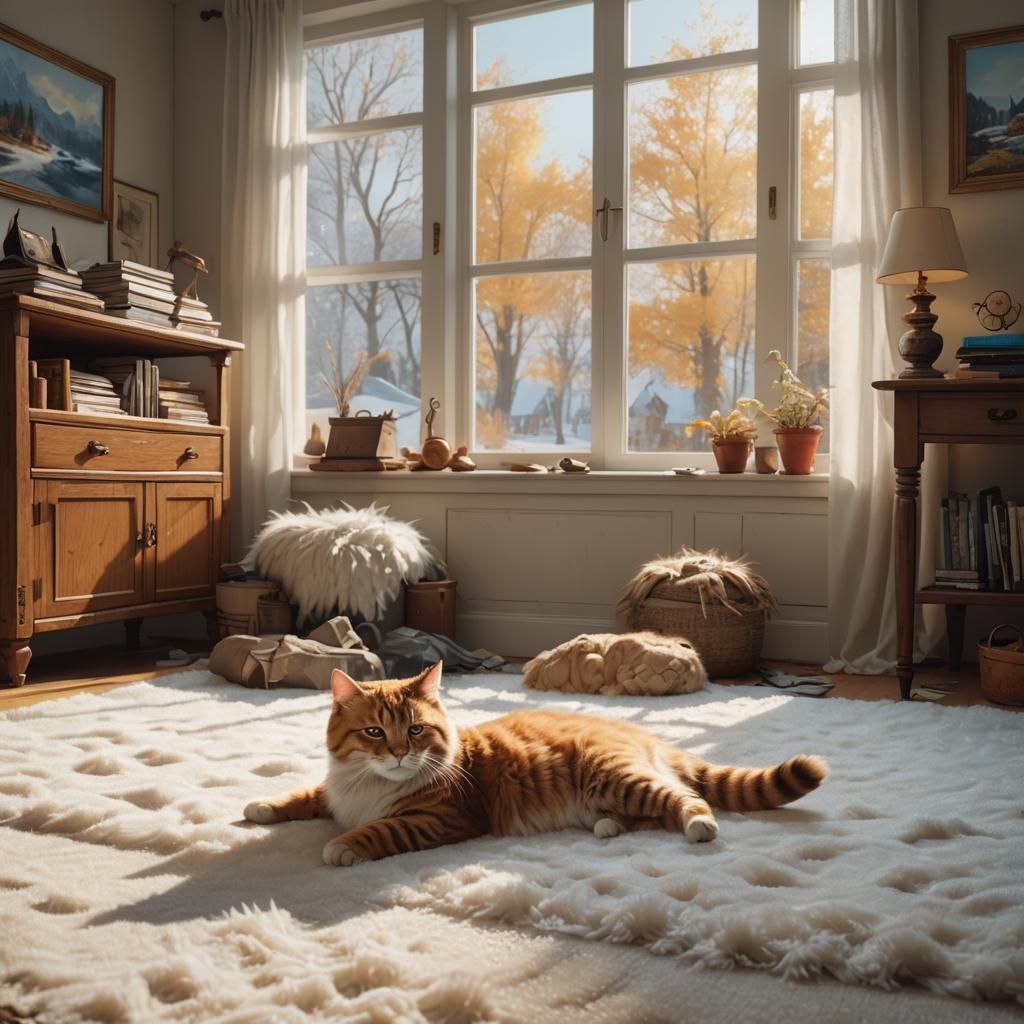 rich cat rolling on a fluffy white carpet in a well lighted ...